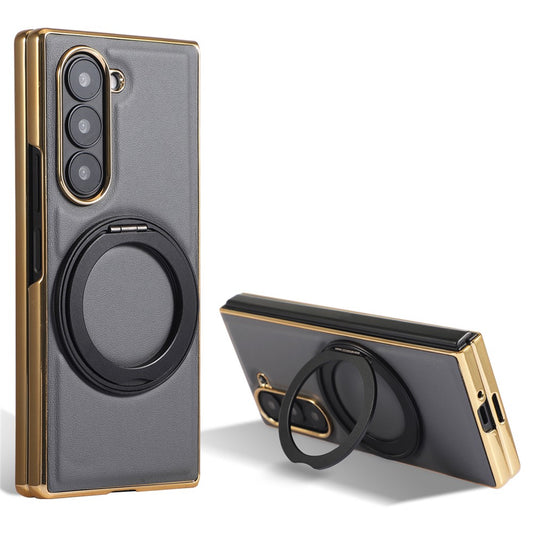 For Samsung Galaxy Z Fold7 5G Magnetic Case with Rotating Kickstand Nappa Texture PU TPU PC Phone Back Cover - Navy Blue