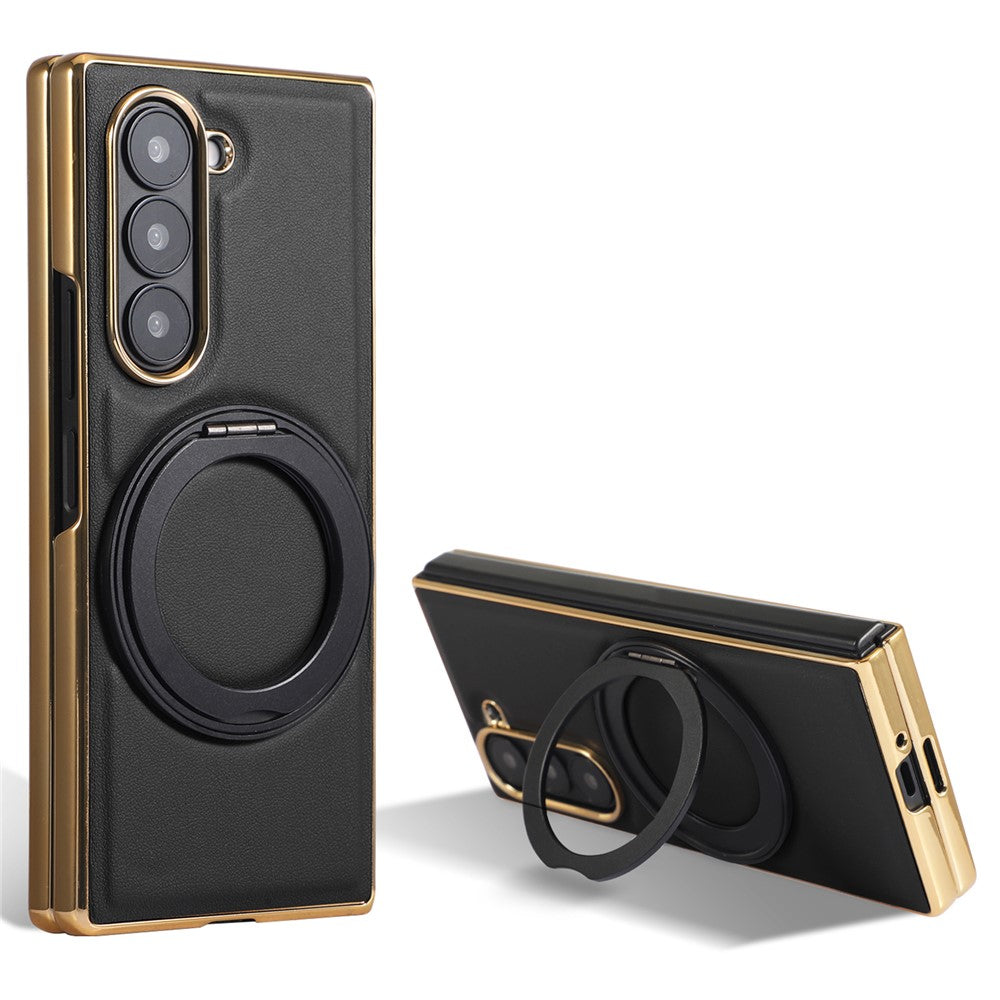 For Samsung Galaxy Z Fold7 5G Magnetic Case with Rotating Kickstand Nappa Texture PU TPU PC Phone Back Cover - Black