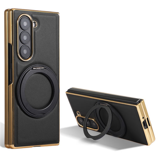 For Samsung Galaxy Z Fold7 5G Magnetic Case with Rotating Kickstand Nappa Texture PU TPU PC Phone Back Cover - Black