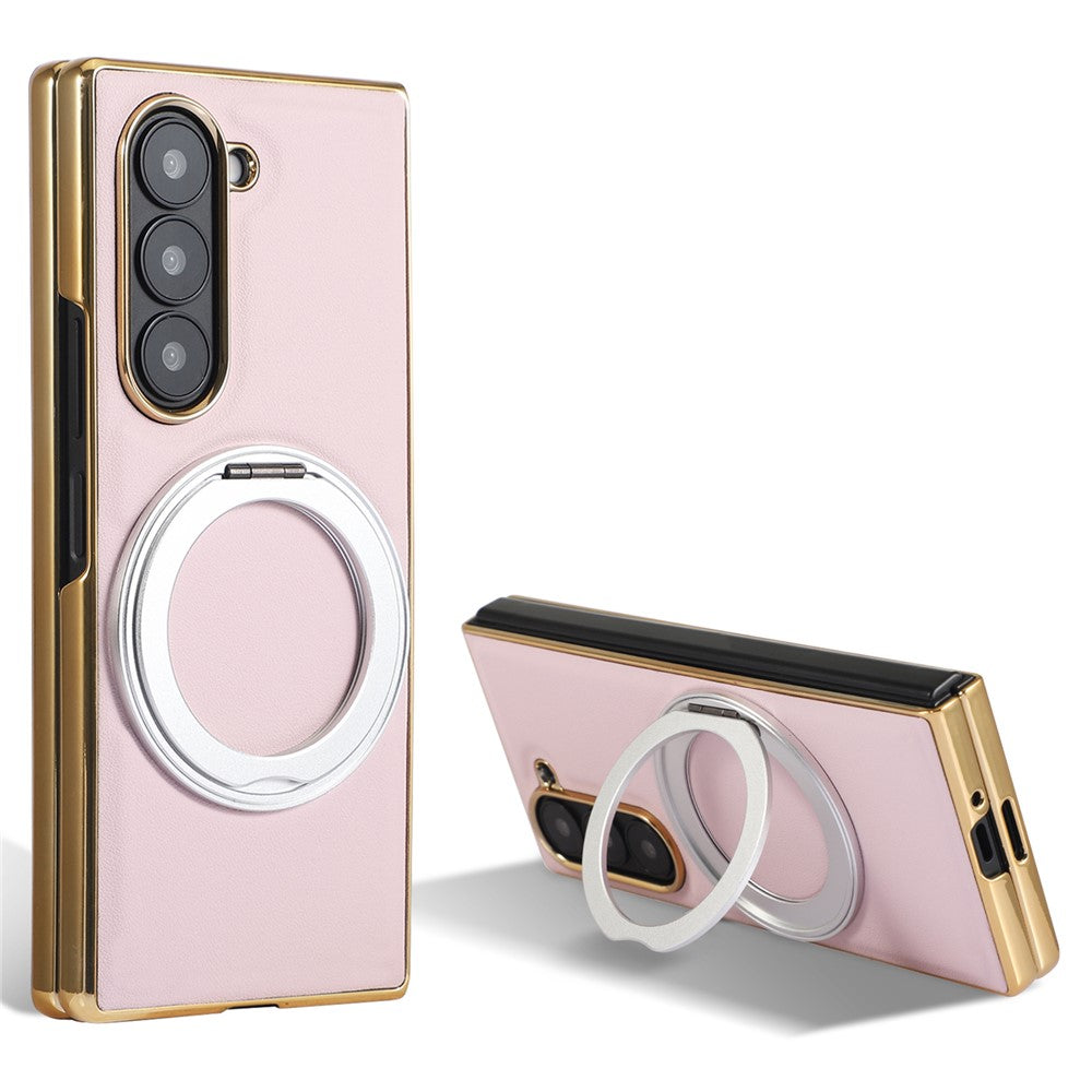For Samsung Galaxy Z Fold7 5G Magnetic Case with Rotating Kickstand Nappa Texture PU TPU PC Phone Back Cover - Pink