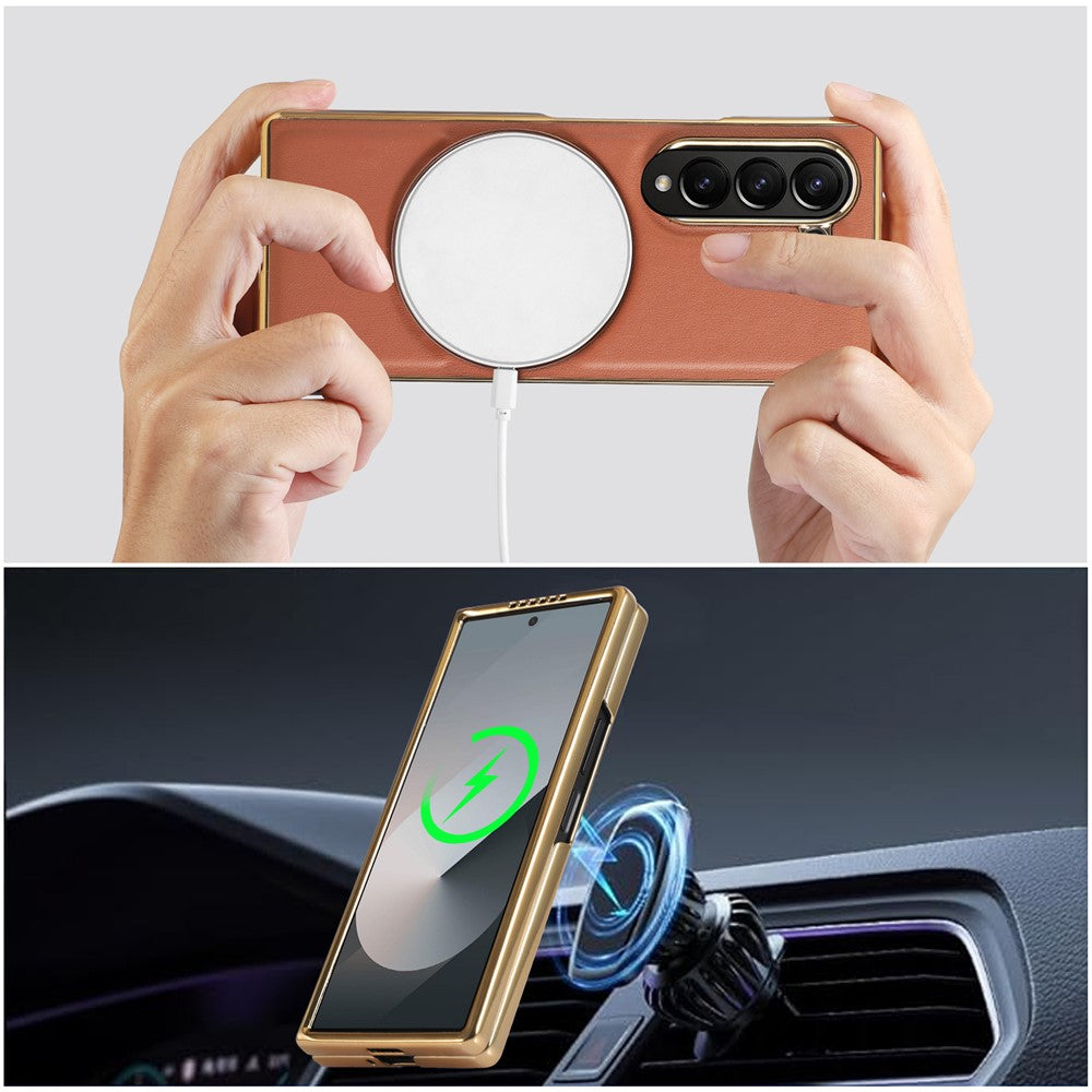 For Samsung Galaxy Z Fold7 5G Magnetic Case with Rotating Kickstand Nappa Texture PU TPU PC Phone Back Cover - White