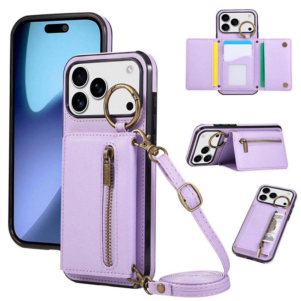 For iPhone 17 Pro Max Leather Back Cover Zipper Wallet Kickstand Phone Case with Shoulder Strap - Purple