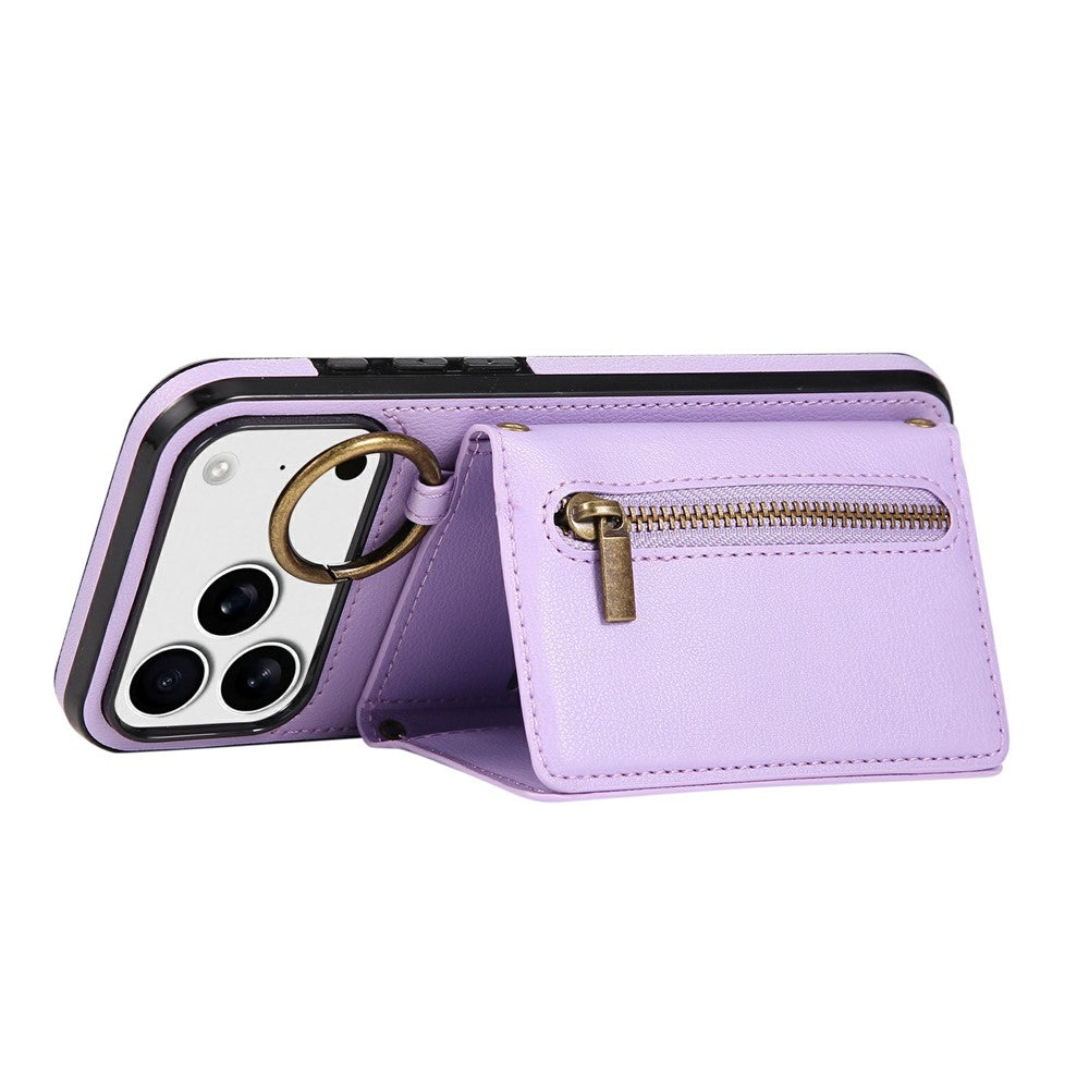 For iPhone 17 Pro Max Leather Back Cover Zipper Wallet Kickstand Phone Case with Shoulder Strap - Purple