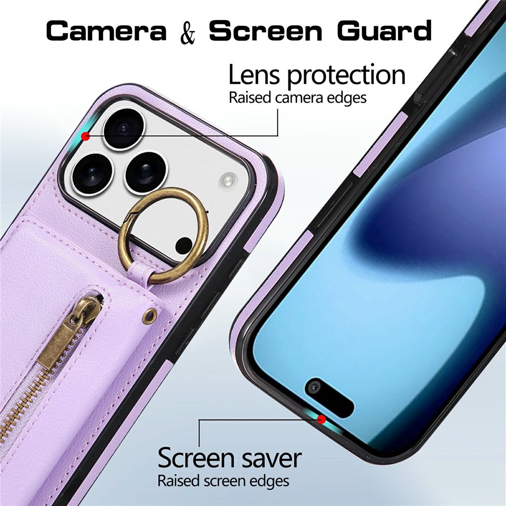 For iPhone 17 Pro Max Leather Back Cover Zipper Wallet Kickstand Phone Case with Shoulder Strap - Purple