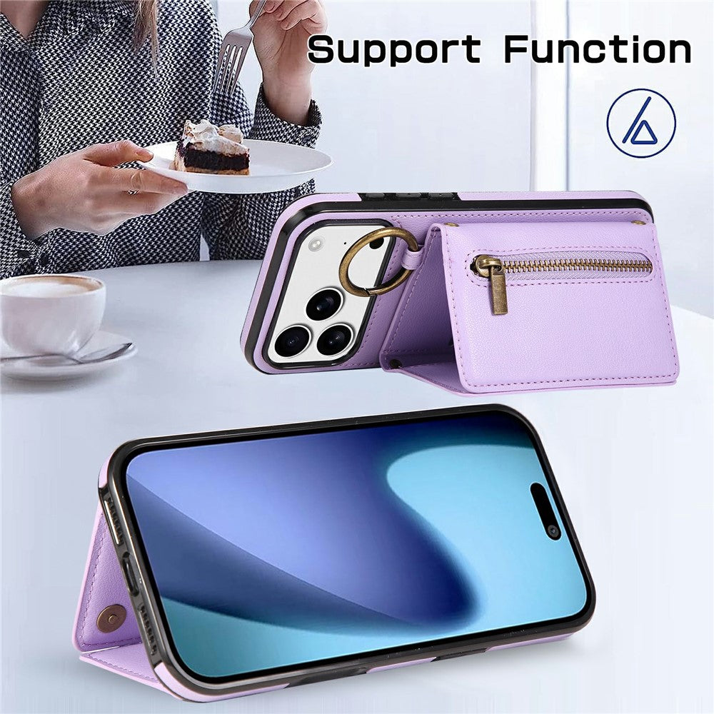 For iPhone 17 Pro Max Leather Back Cover Zipper Wallet Kickstand Phone Case with Shoulder Strap - Purple