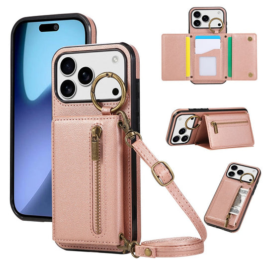 For iPhone 17 Pro Max Leather Back Cover Zipper Wallet Kickstand Phone Case with Shoulder Strap - Pink