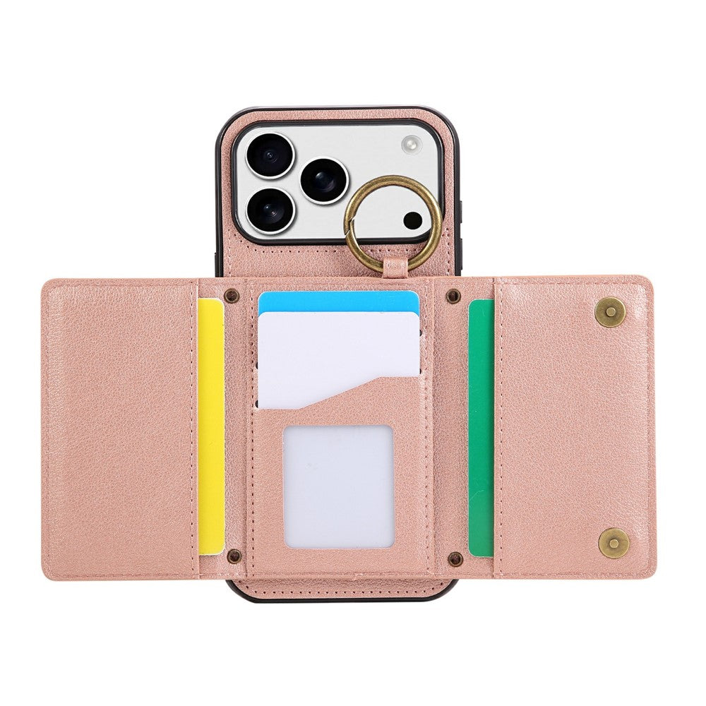 For iPhone 17 Pro Max Leather Back Cover Zipper Wallet Kickstand Phone Case with Shoulder Strap - Pink