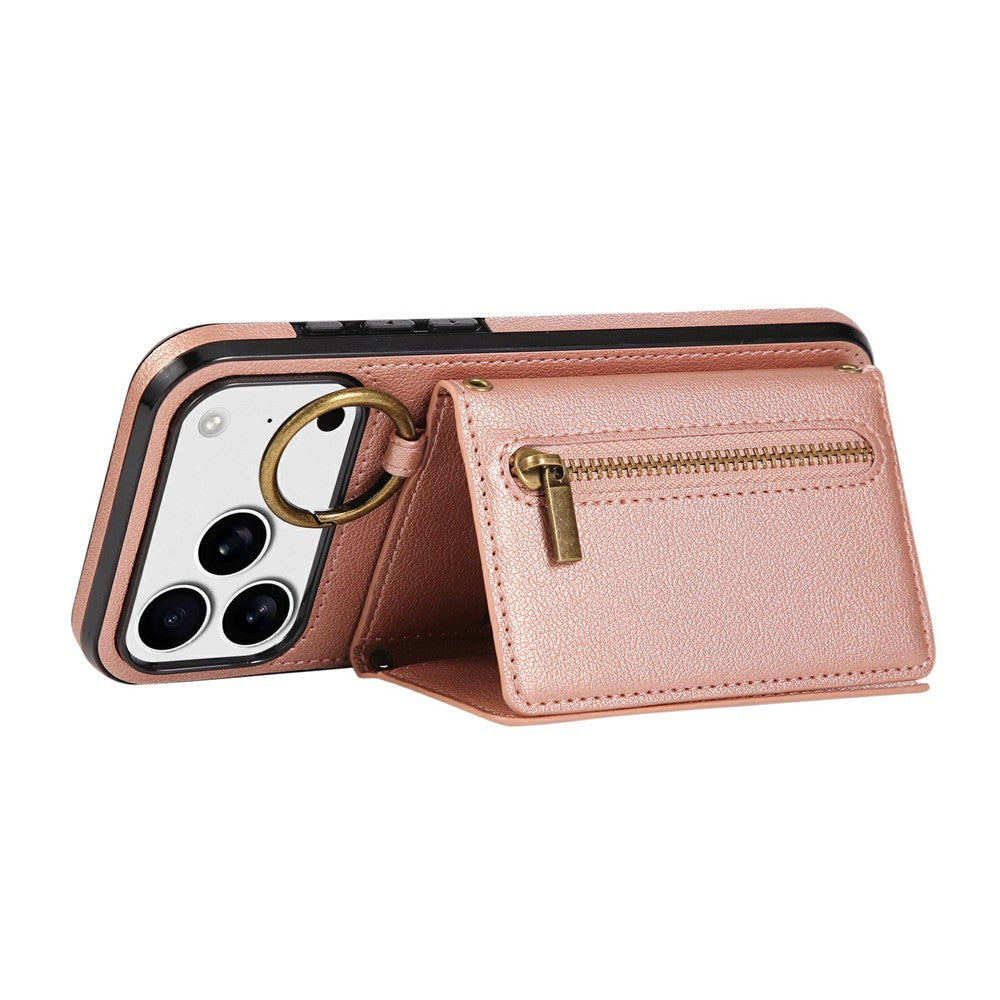 For iPhone 17 Pro Max Leather Back Cover Zipper Wallet Kickstand Phone Case with Shoulder Strap - Pink