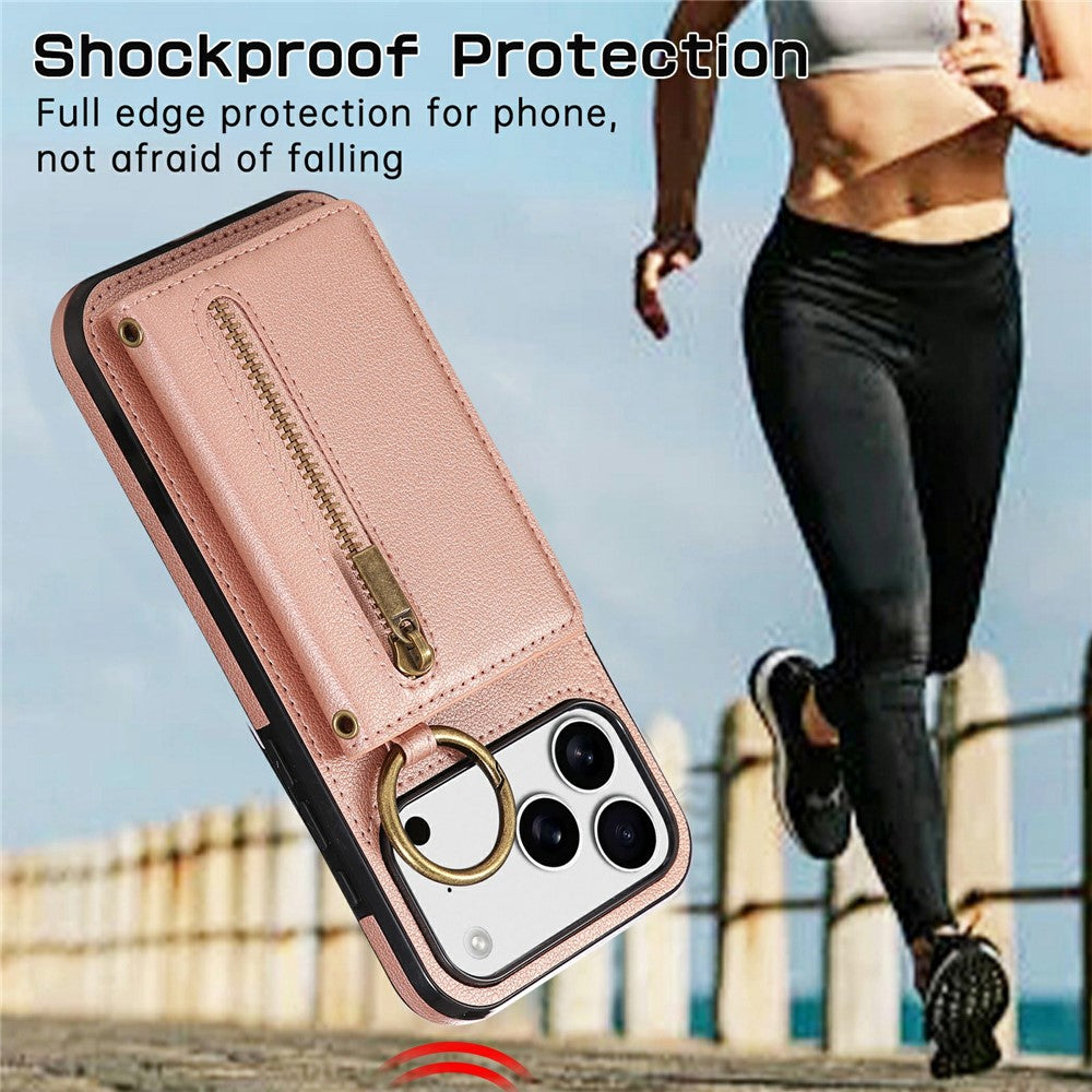 For iPhone 17 Pro Max Leather Back Cover Zipper Wallet Kickstand Phone Case with Shoulder Strap - Pink