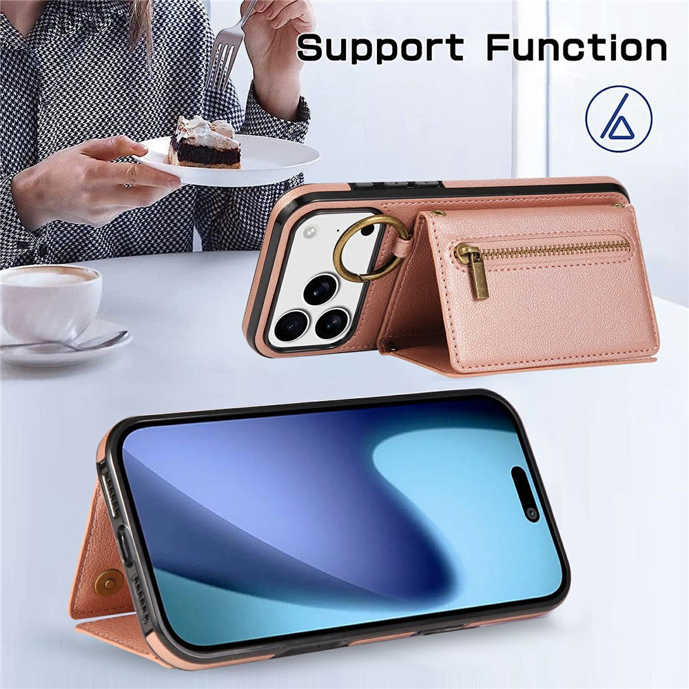 For iPhone 17 Pro Max Leather Back Cover Zipper Wallet Kickstand Phone Case with Shoulder Strap - Pink