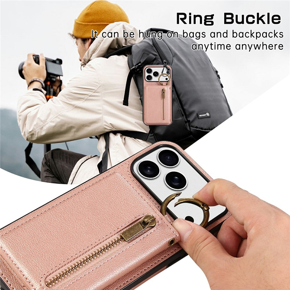 For iPhone 17 Pro Max Leather Back Cover Zipper Wallet Kickstand Phone Case with Shoulder Strap - Pink