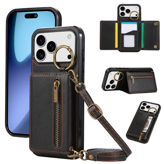 For iPhone 17 Pro Max Leather Back Cover Zipper Wallet Kickstand Phone Case with Shoulder Strap - Black