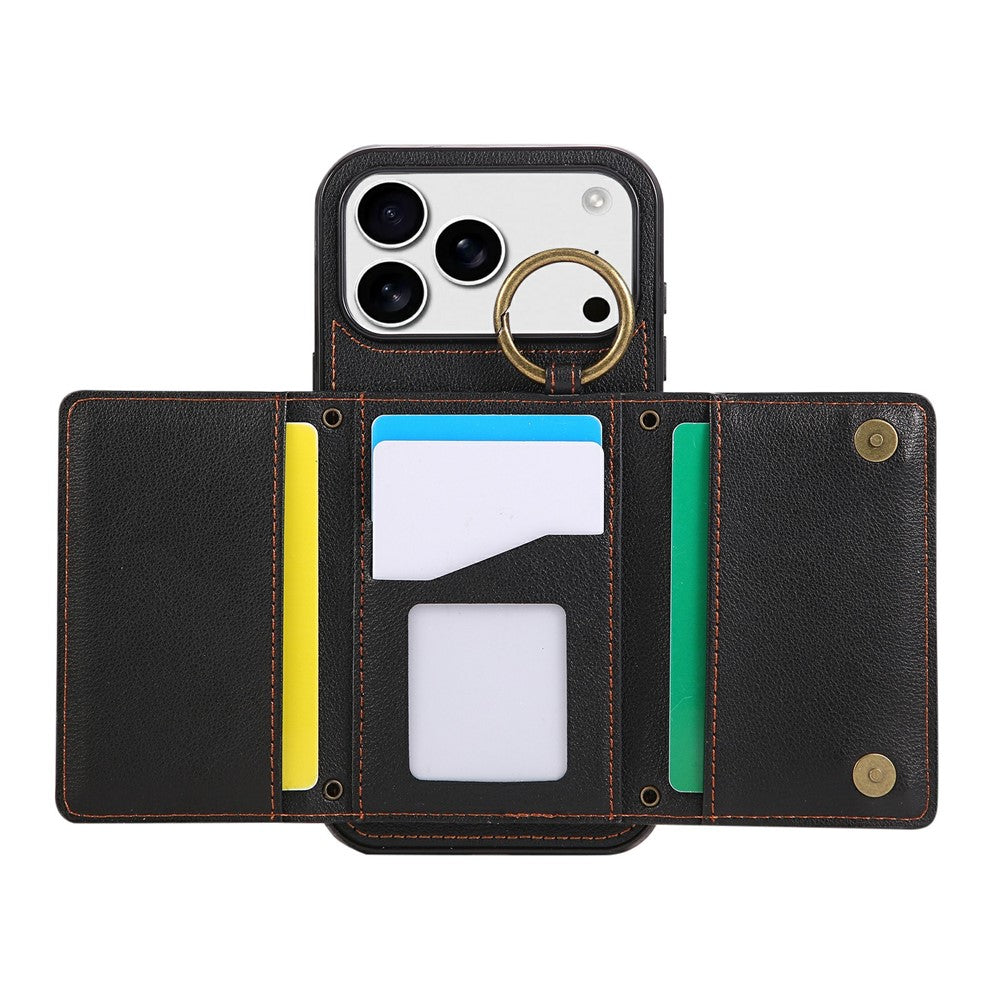 For iPhone 17 Pro Max Leather Back Cover Zipper Wallet Kickstand Phone Case with Shoulder Strap - Black