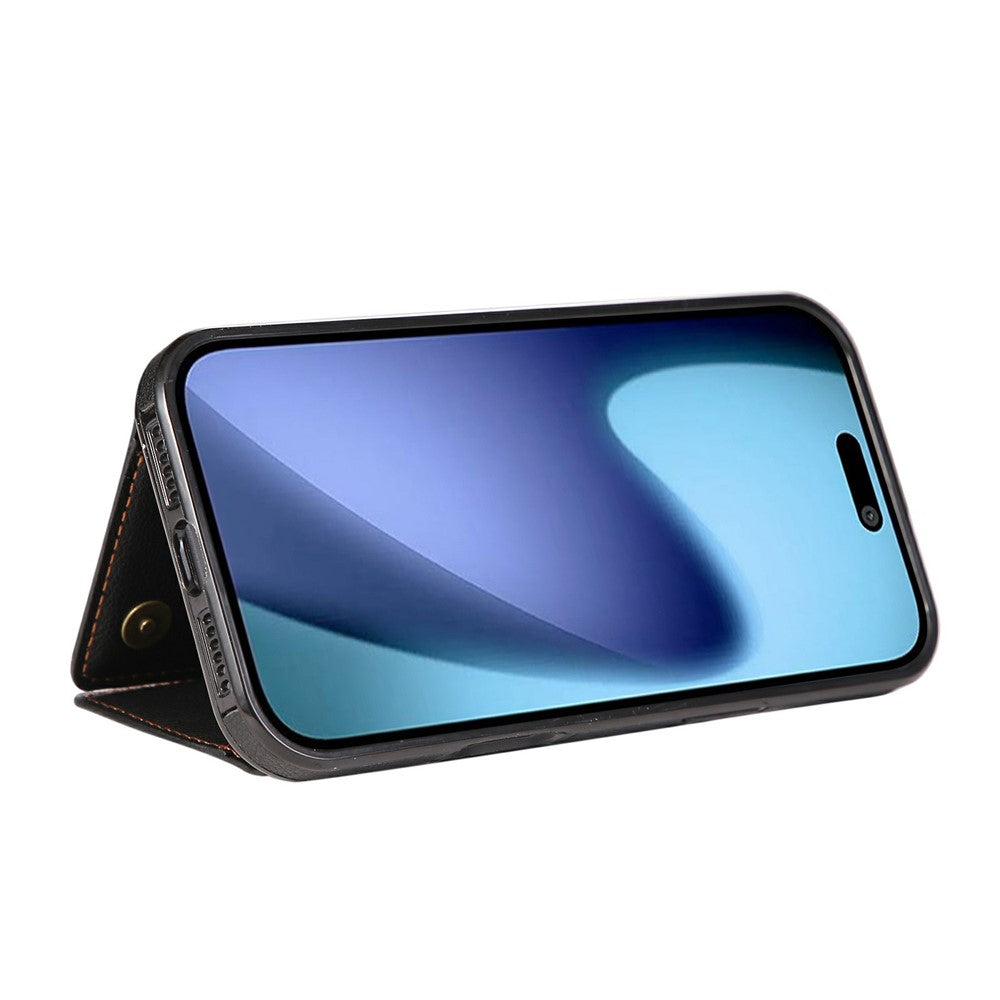 For iPhone 17 Pro Max Leather Back Cover Zipper Wallet Kickstand Phone Case with Shoulder Strap - Black