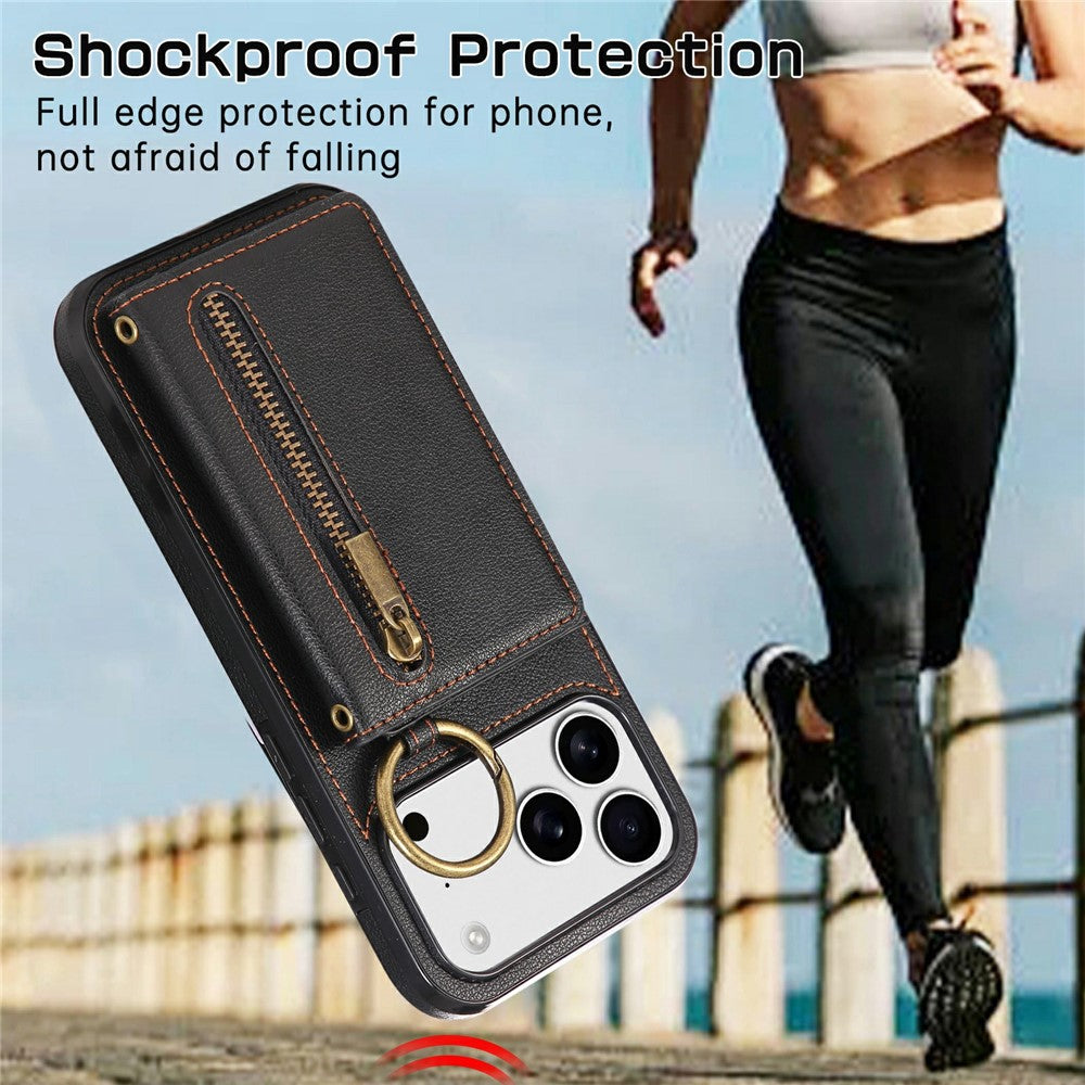 For iPhone 17 Pro Max Leather Back Cover Zipper Wallet Kickstand Phone Case with Shoulder Strap - Black