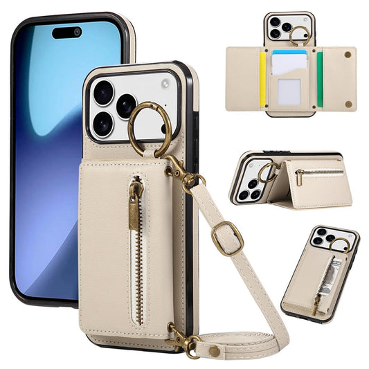 For iPhone 17 Pro Max Leather Back Cover Zipper Wallet Kickstand Phone Case with Shoulder Strap - Beige