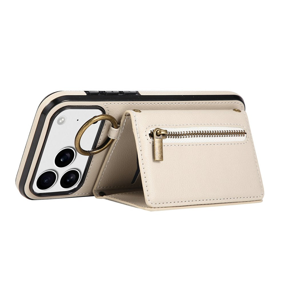 For iPhone 17 Pro Max Leather Back Cover Zipper Wallet Kickstand Phone Case with Shoulder Strap - Beige