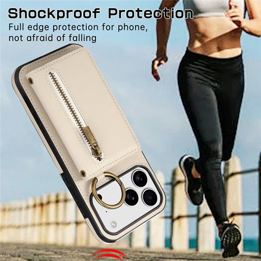 For iPhone 17 Pro Max Leather Back Cover Zipper Wallet Kickstand Phone Case with Shoulder Strap - Beige