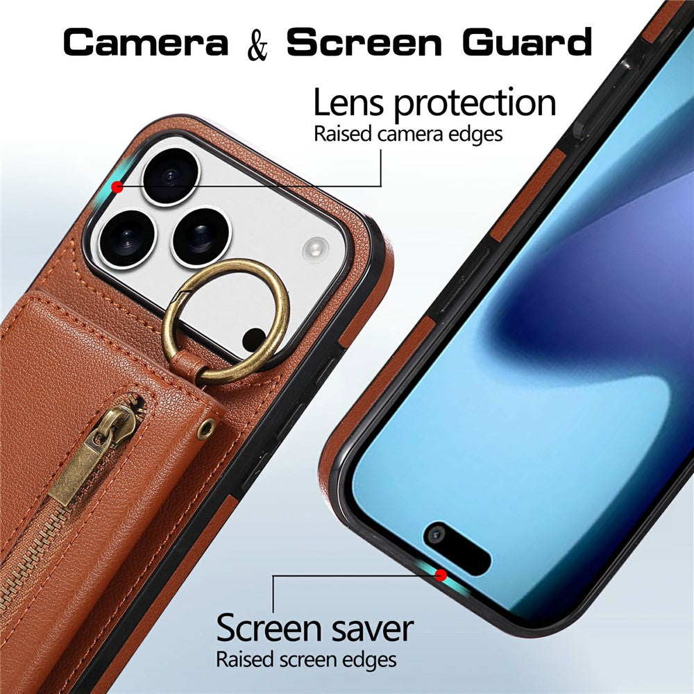 For iPhone 17 Pro Max Leather Back Cover Zipper Wallet Kickstand Phone Case with Shoulder Strap - Brown