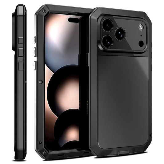 For iPhone 17 Pro Max Case Silicone + Metal Phone Cover with Tempered Glass Screen Protector - Black