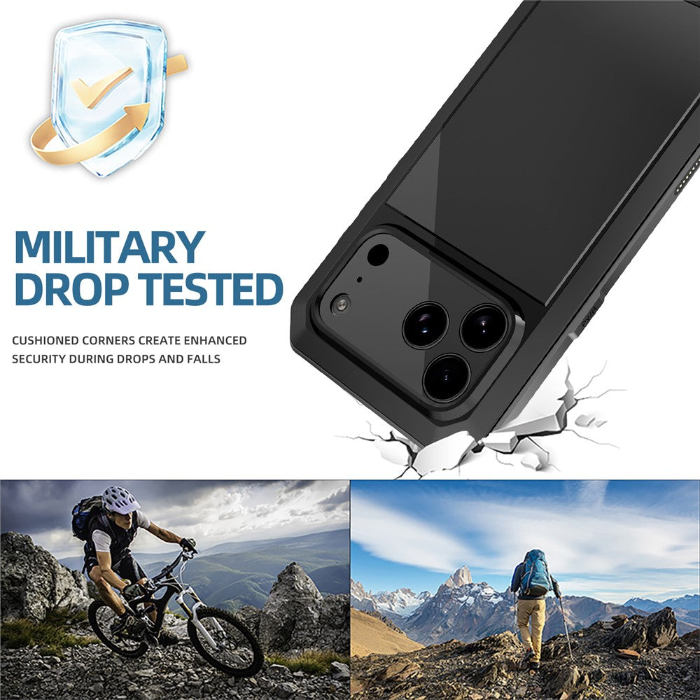 For iPhone 17 Pro Max Case Silicone + Metal Phone Cover with Tempered Glass Screen Protector - Black