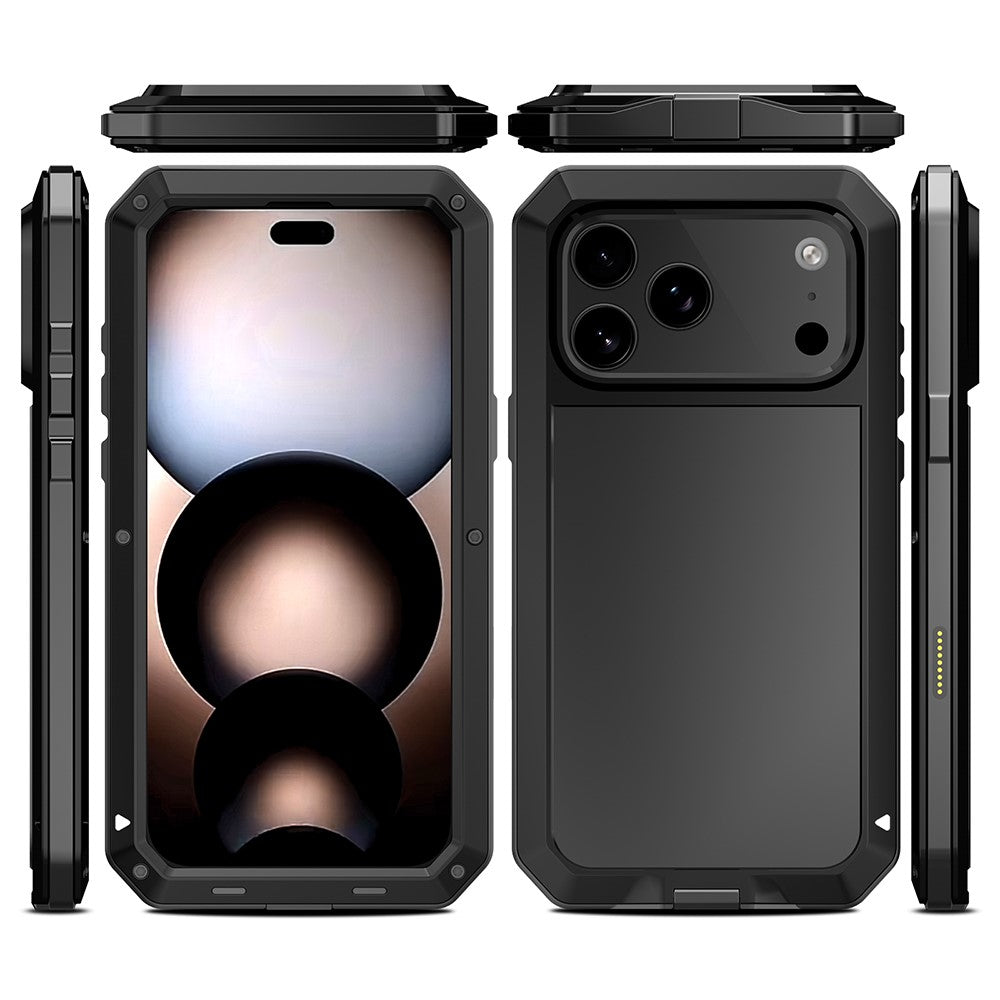 For iPhone 17 Pro Max Case Silicone + Metal Phone Cover with Tempered Glass Screen Protector - Black