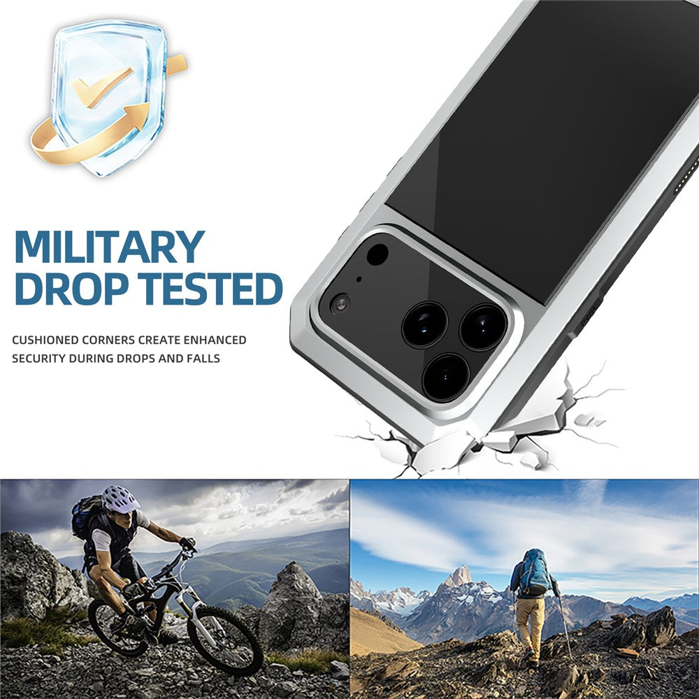For iPhone 17 Pro Max Case Silicone + Metal Phone Cover with Tempered Glass Screen Protector - Silver