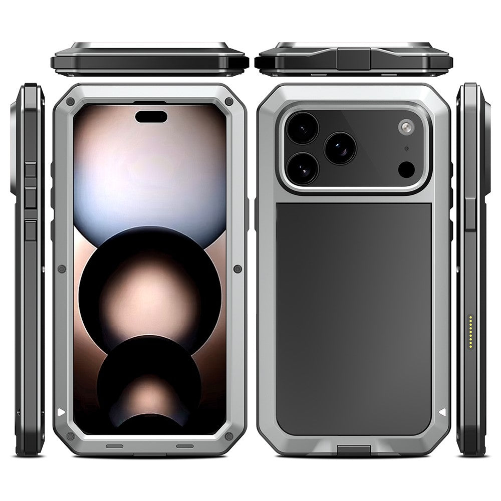 For iPhone 17 Pro Max Case Silicone + Metal Phone Cover with Tempered Glass Screen Protector - Silver