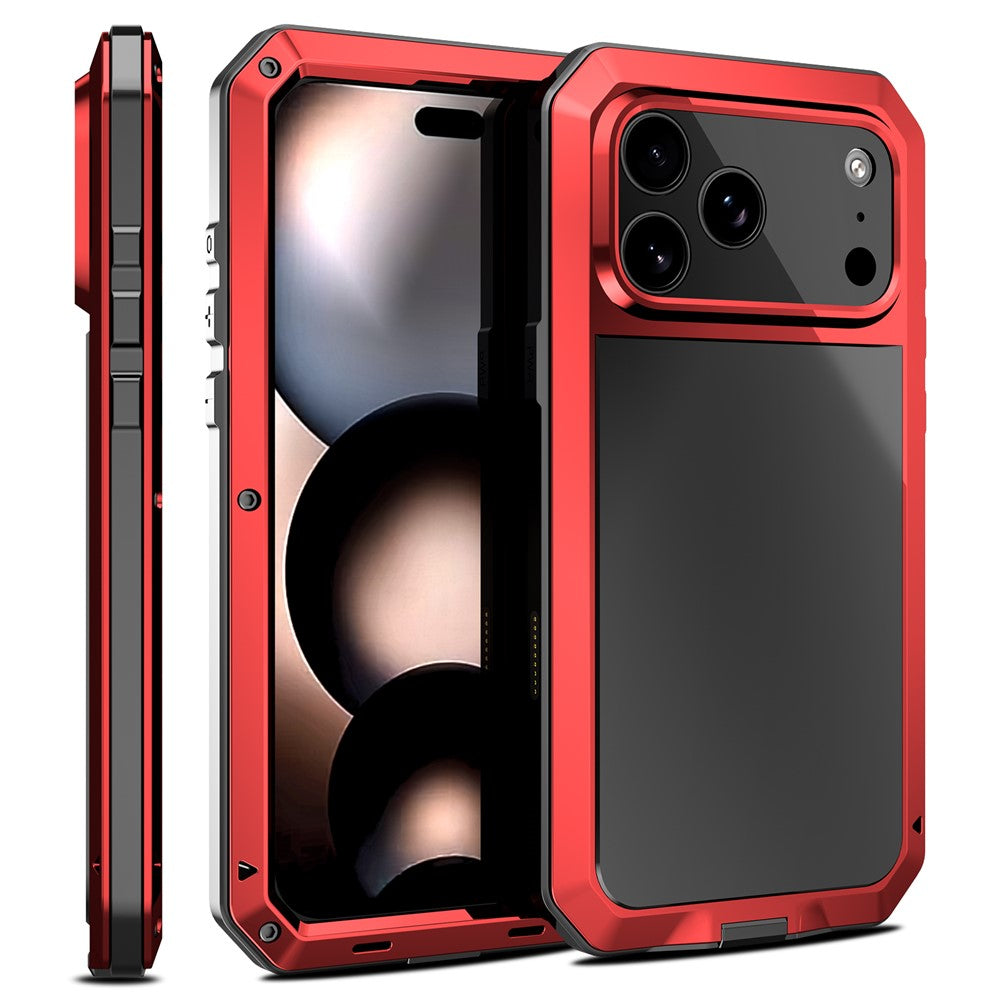For iPhone 17 Pro Max Case Silicone + Metal Phone Cover with Tempered Glass Screen Protector - Red