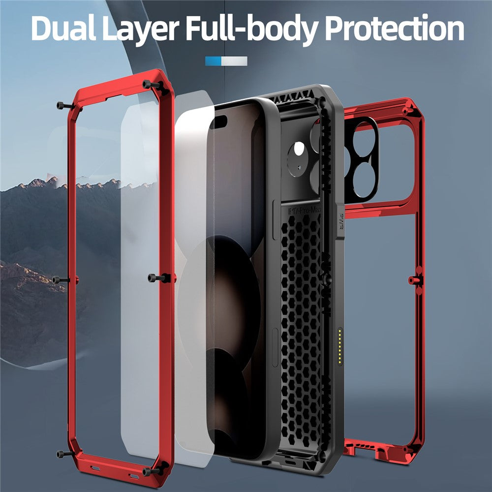For iPhone 17 Pro Max Case Silicone + Metal Phone Cover with Tempered Glass Screen Protector - Red
