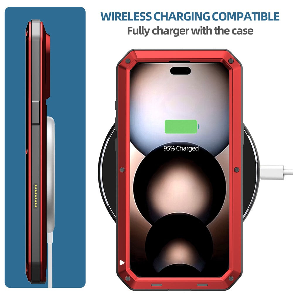 For iPhone 17 Pro Max Case Silicone + Metal Phone Cover with Tempered Glass Screen Protector - Red