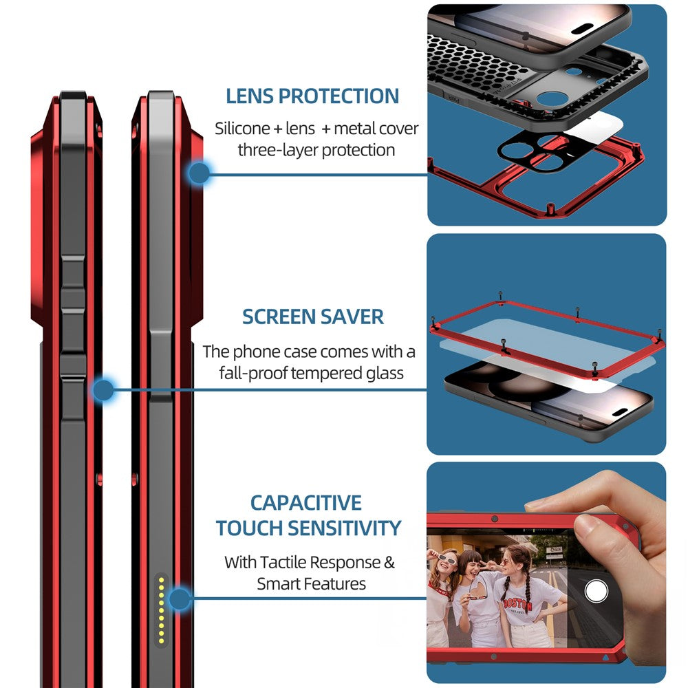 For iPhone 17 Pro Max Case Silicone + Metal Phone Cover with Tempered Glass Screen Protector - Red