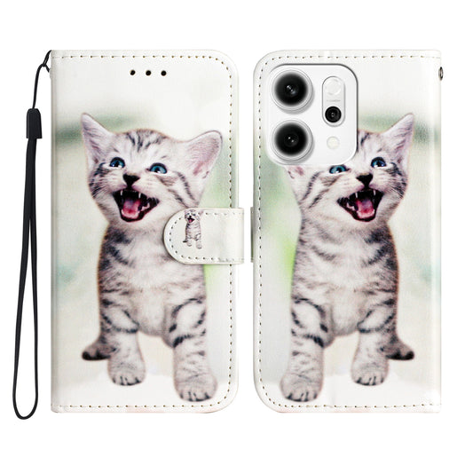 For Oppo Reno14 Pro 5G (Global) Wallet Case  Printed Pattern PU Leather Stand Phone Cover with Strap - Cat