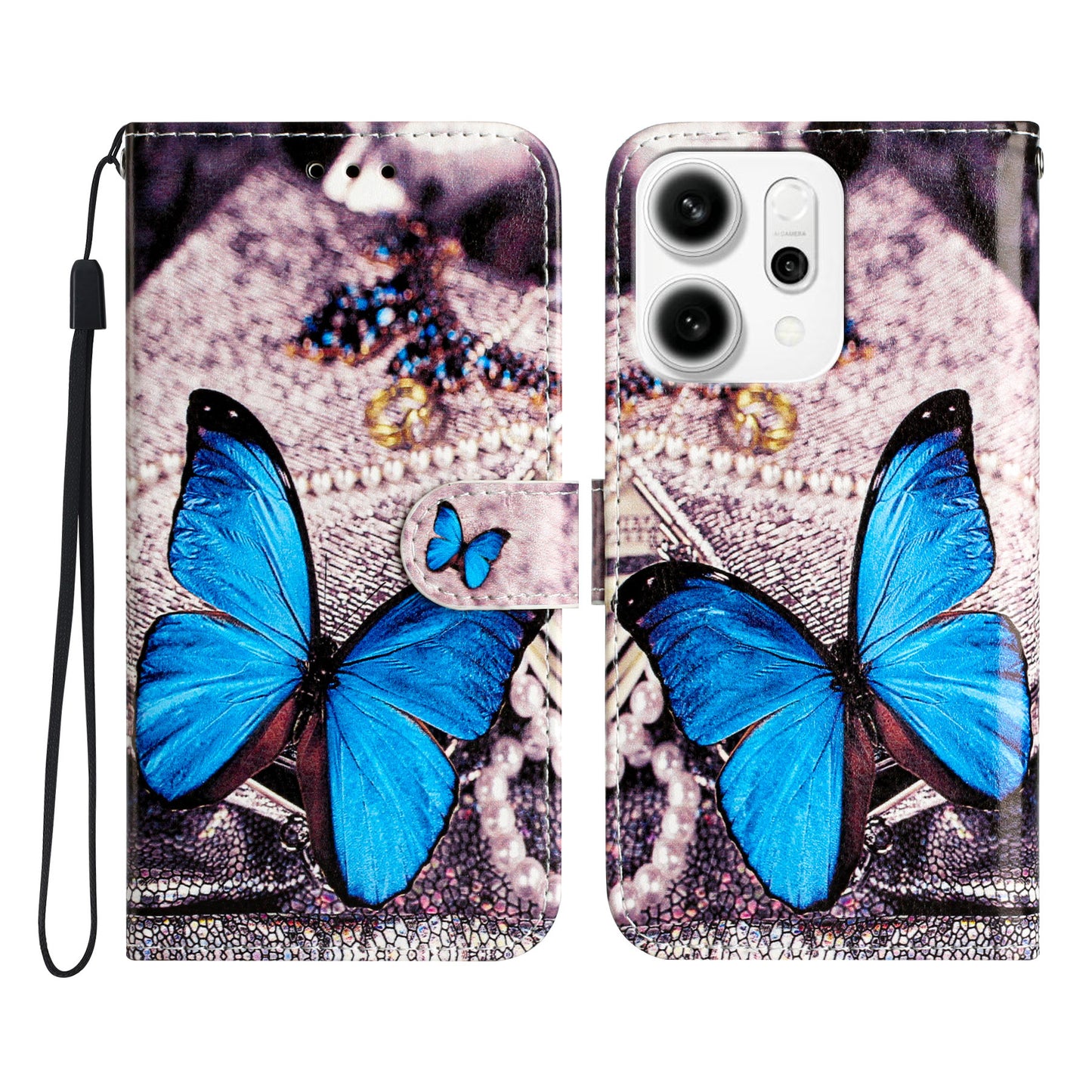For Oppo Reno14 Pro 5G (Global) Wallet Case  Printed Pattern PU Leather Stand Phone Cover with Strap - Blue Butterfly