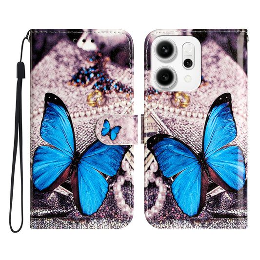 For Oppo Reno14 Pro 5G (Global) Wallet Case  Printed Pattern PU Leather Stand Phone Cover with Strap - Blue Butterfly