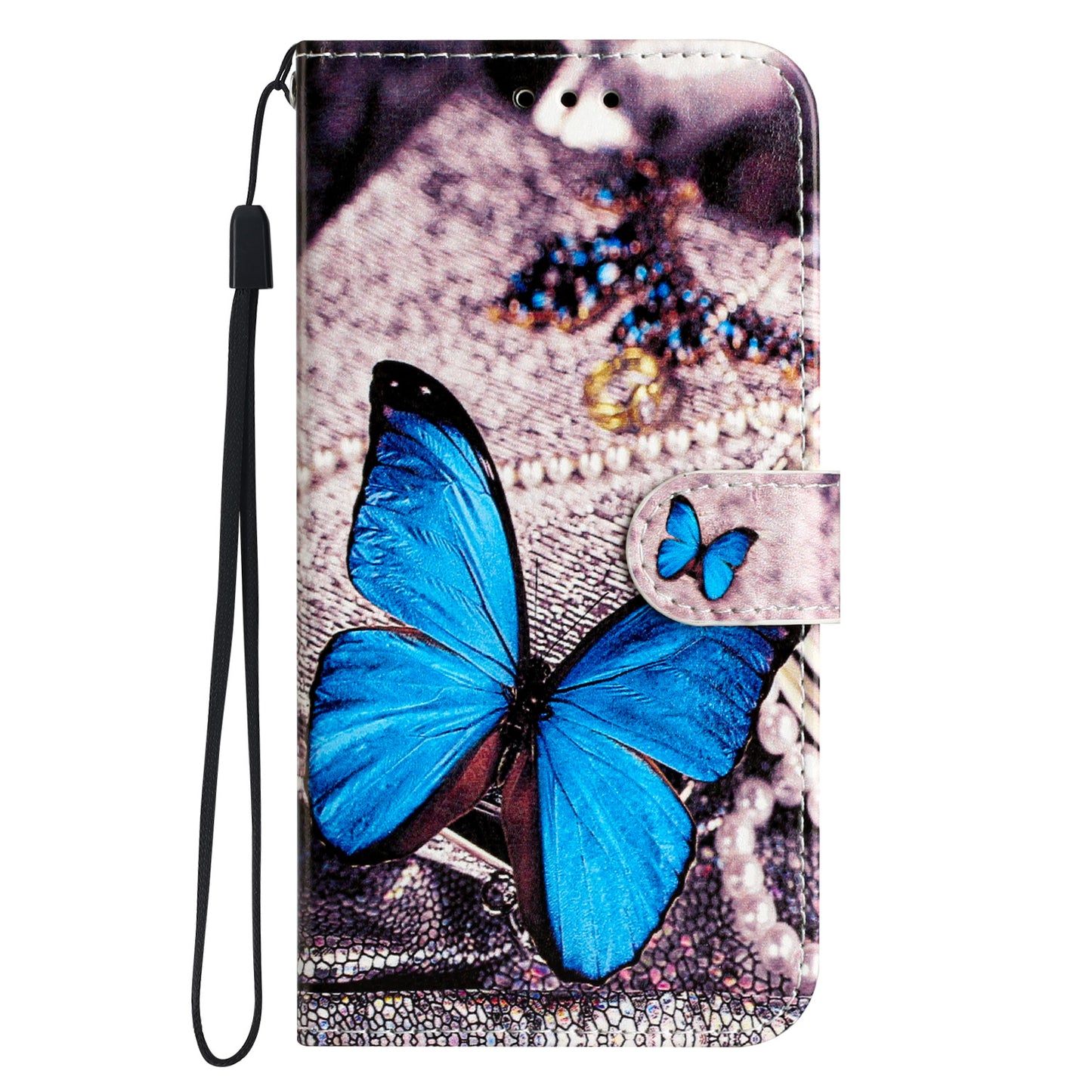 For Oppo Reno14 Pro 5G (Global) Wallet Case  Printed Pattern PU Leather Stand Phone Cover with Strap - Blue Butterfly