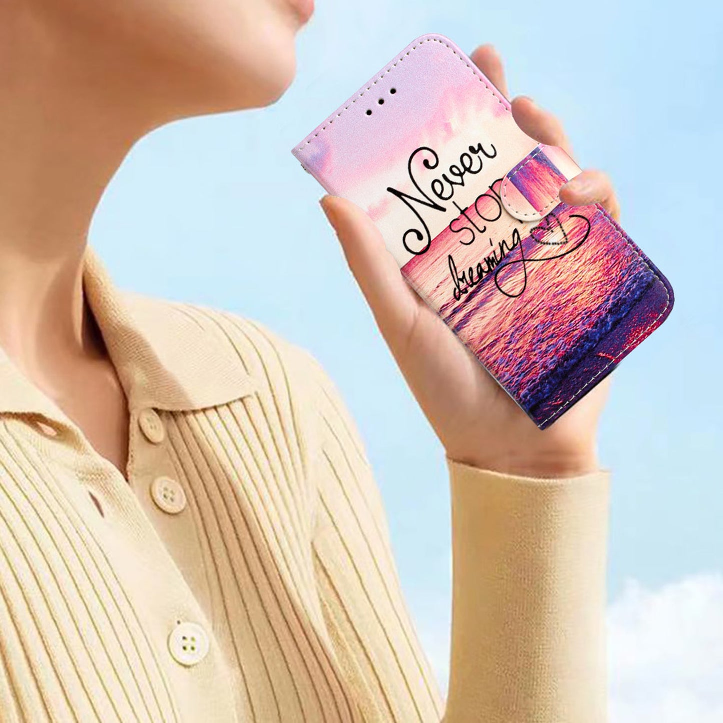 For Oppo Reno14 Pro 5G (Global) Wallet Case  Printed Pattern PU Leather Stand Phone Cover with Strap - Never Stop Dreaming