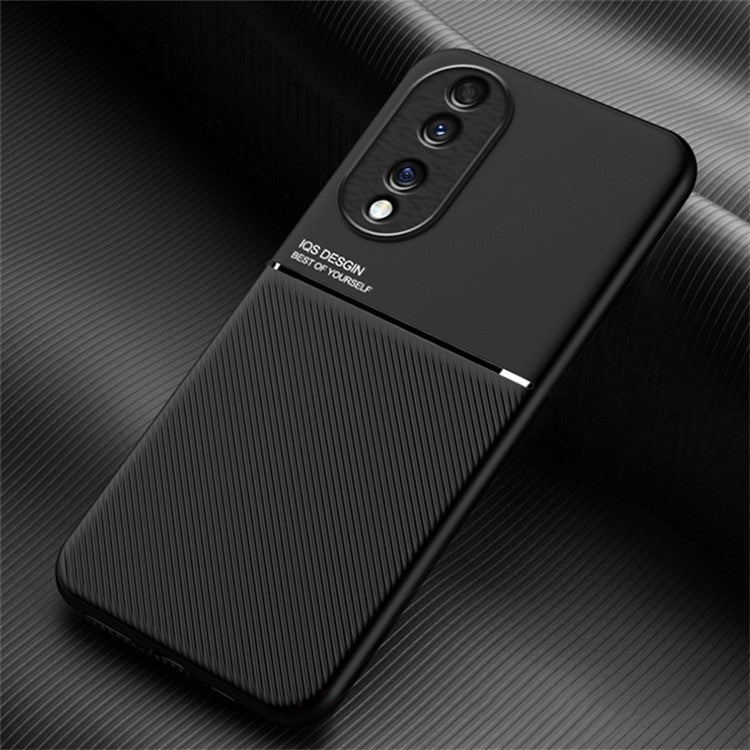 Cellphone Case for Honor 70 5G, Drop-proof Lines Imprinted PU Leather+TPU Hybrid Shell with Built-in Metal Sheet - Black