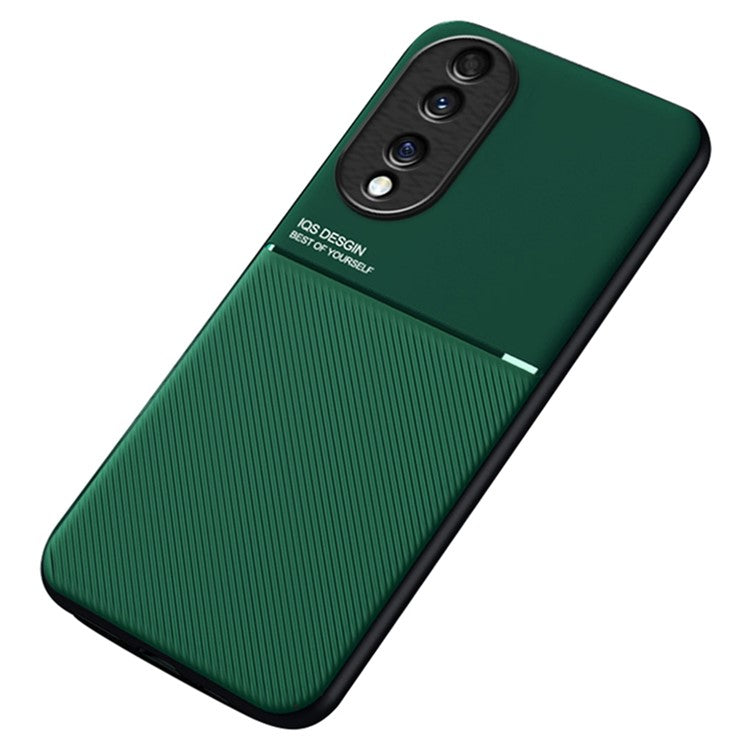 Cellphone Case for Honor 70 5G, Drop-proof Lines Imprinted PU Leather+TPU Hybrid Shell with Built-in Metal Sheet - Green