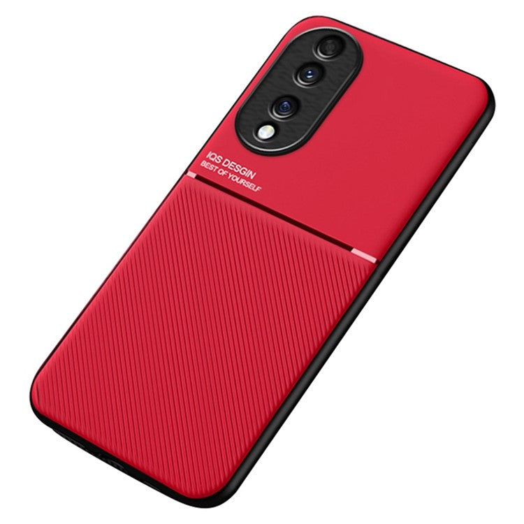 Cellphone Case for Honor 70 5G, Drop-proof Lines Imprinted PU Leather+TPU Hybrid Shell with Built-in Metal Sheet - Red