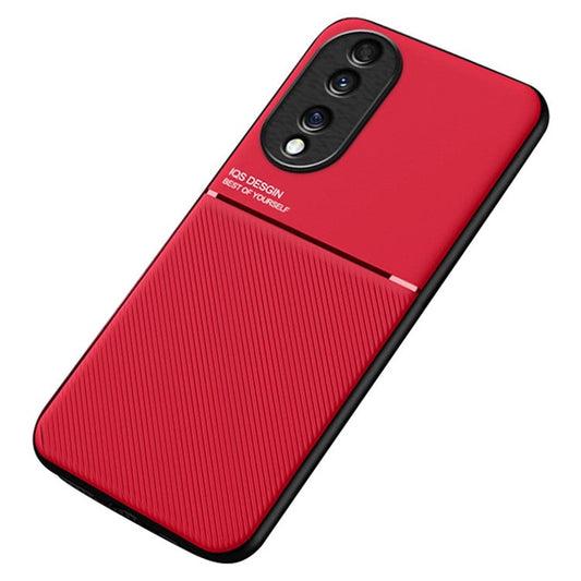Cellphone Case for Honor 70 5G, Drop-proof Lines Imprinted PU Leather+TPU Hybrid Shell with Built-in Metal Sheet - Red