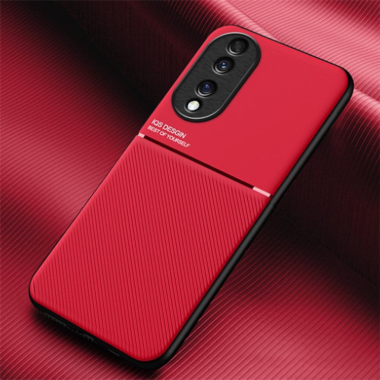 Cellphone Case for Honor 70 5G, Drop-proof Lines Imprinted PU Leather+TPU Hybrid Shell with Built-in Metal Sheet - Red