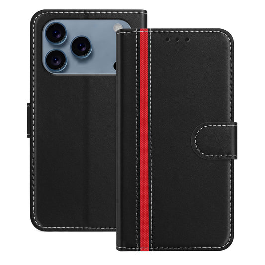 For iPhone 17 Pro Max Phone Cases Wallet Stand Color Splicing Leather Cover with Magnetic Clasp - Black