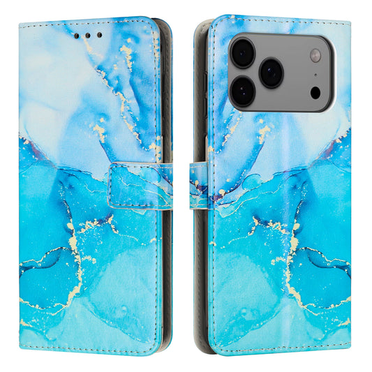 For iPhone 17 Pro Max Stand Case Marble Pattern PU Leather Wallet Phone Cover - Blue / Green
