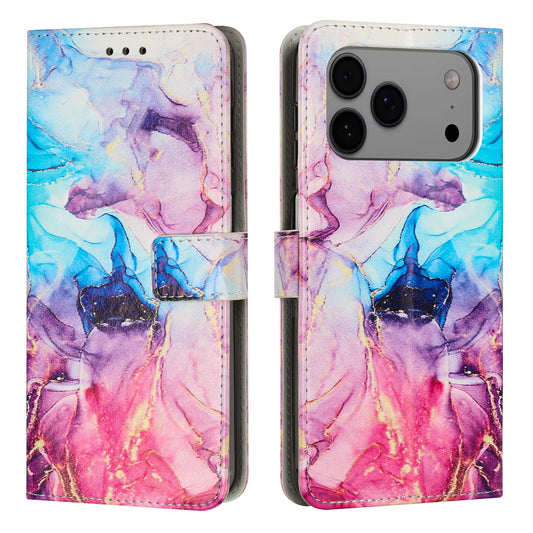 For iPhone 17 Pro Max Stand Case Marble Pattern PU Leather Wallet Phone Cover - Pink / Purple