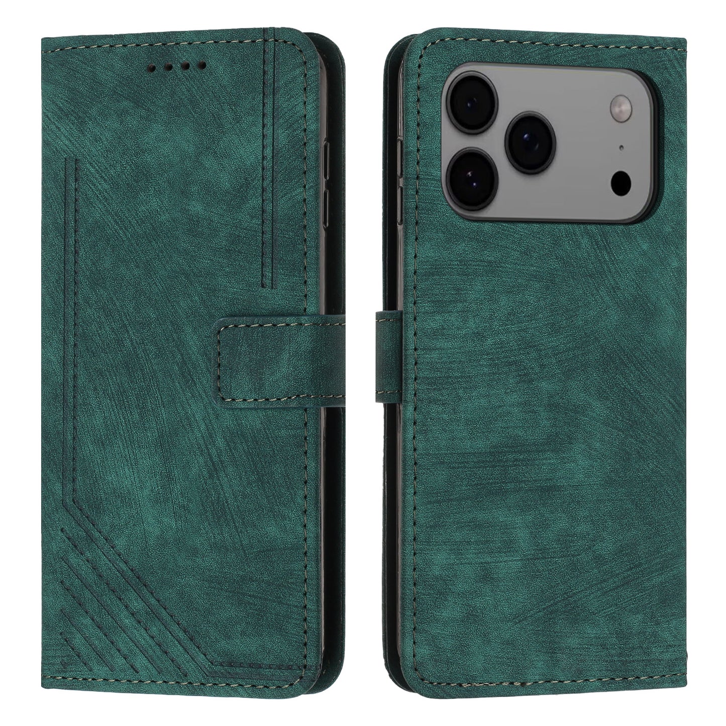 For iPhone 17 Pro Max Stand Case Imprinted Lines Leather Phone Cover - Green