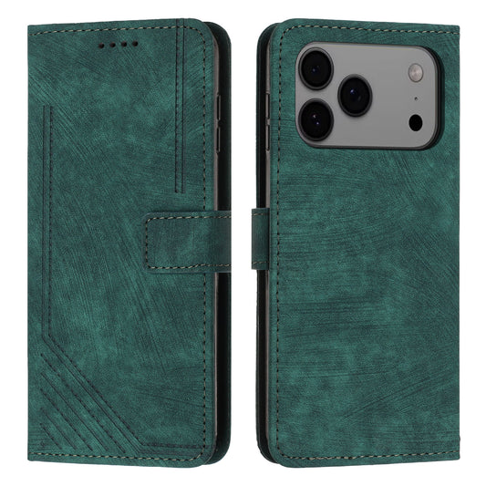 For iPhone 17 Pro Max Stand Case Imprinted Lines Leather Phone Cover - Green