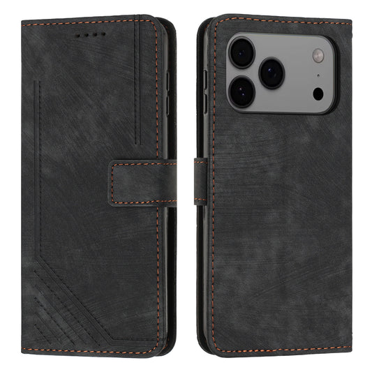 For iPhone 17 Pro Max Stand Case Imprinted Lines Leather Phone Cover - Black