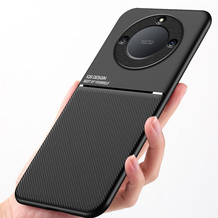 Cellphone Case for Honor X40 5G , Anti-fall Lines Imprinted PU Leather+TPU Hybrid Shell with Built-in Metal Sheet - Black