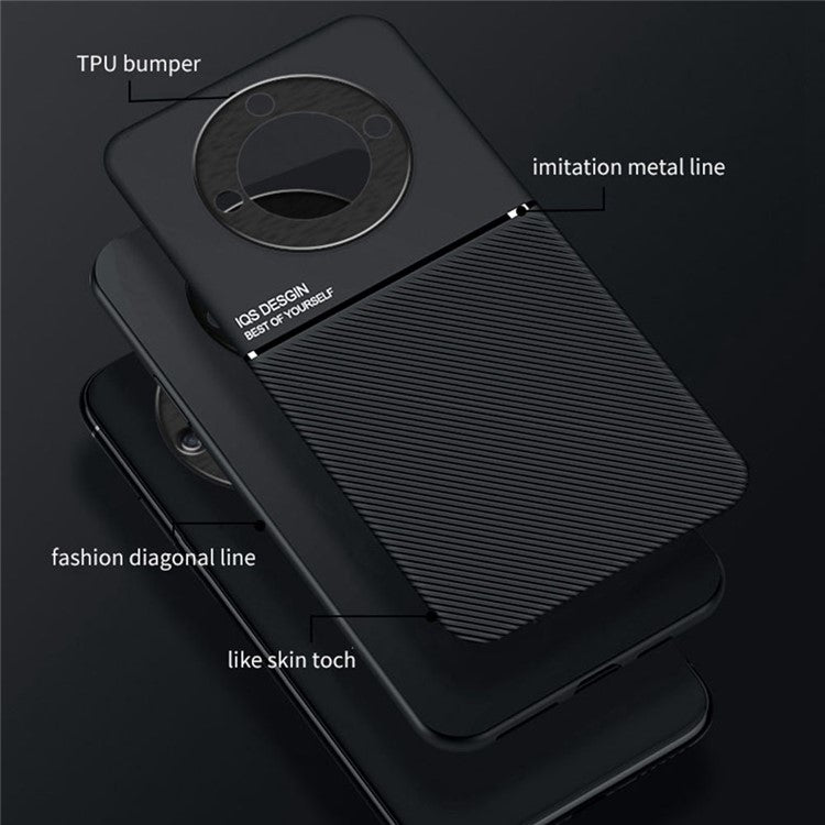 Cellphone Case for Honor X40 5G , Anti-fall Lines Imprinted PU Leather+TPU Hybrid Shell with Built-in Metal Sheet - Black